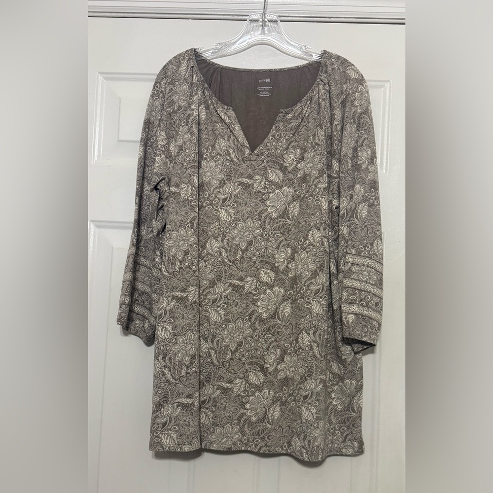 J.Jill Pure Jill Size Large Women's Taupe Floral V-Neck Tunic Top